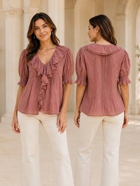 Muse Ruffled V-Neck Blouse in Mauve